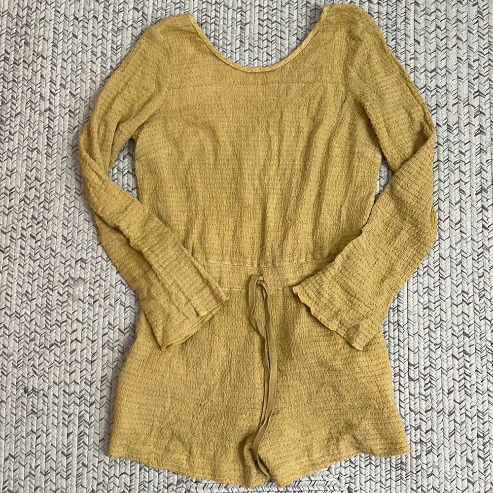 Free people mustard green long sleeve romper with drawstring & pockets sz S